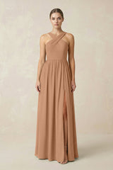 Cross Halter Neck Chiffon A-Line Bridesmaid Dress With Slit in Bronzer - KissProm BRIDESMAID DRESSES