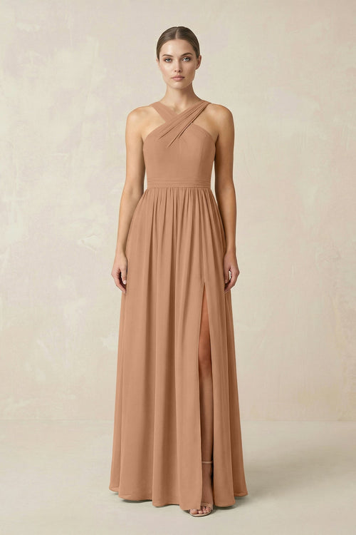 Cross Halter Neck Chiffon A-Line Bridesmaid Dress With Slit in Bronzer - KissProm BRIDESMAID DRESSES