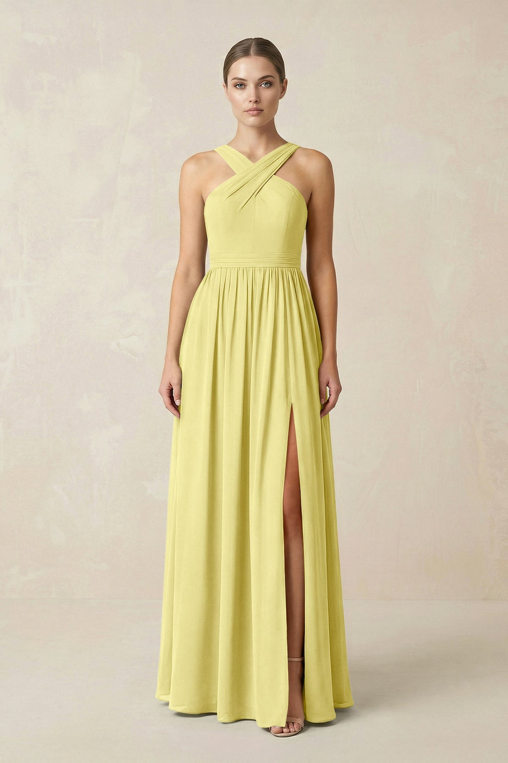 Cross Halter Neck Chiffon A-Line Bridesmaid Dress With Slit in Buttercup - KissProm BRIDESMAID DRESSES