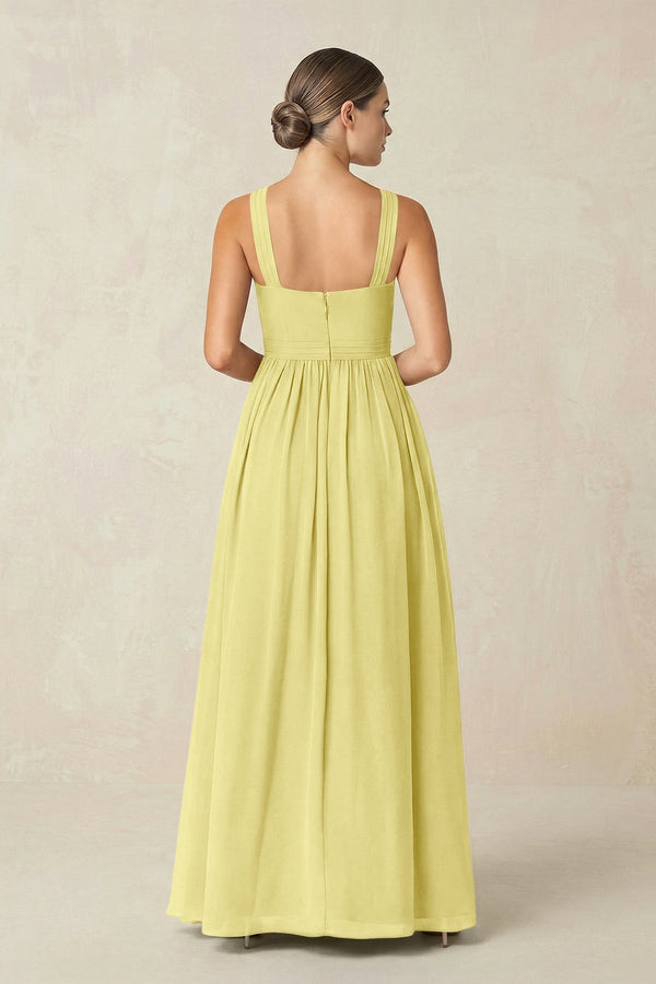 Cross Halter Neck Chiffon A-Line Bridesmaid Dress With Slit in Buttercup - KissProm BRIDESMAID DRESSES