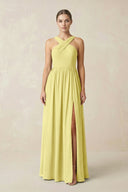 Cross Halter Neck Chiffon A-Line Bridesmaid Dress With Slit in Buttercup - KissProm BRIDESMAID DRESSES