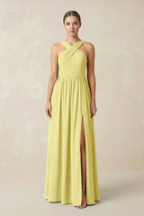 Cross Halter Neck Chiffon A-Line Bridesmaid Dress With Slit in Buttercup - KissProm BRIDESMAID DRESSES
