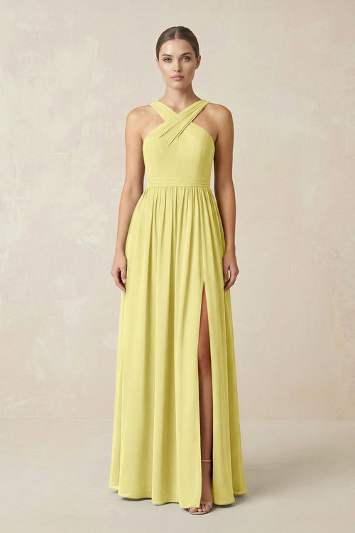 Cross Halter Neck Chiffon A-Line Bridesmaid Dress With Slit in Buttercup - KissProm BRIDESMAID DRESSES