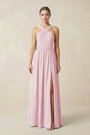 Cross Halter Neck Chiffon A-Line Bridesmaid Dress With Slit in Candy Pink - KissProm BRIDESMAID DRESSES