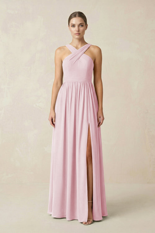 Cross Halter Neck Chiffon A-Line Bridesmaid Dress With Slit in Candy Pink - KissProm BRIDESMAID DRESSES