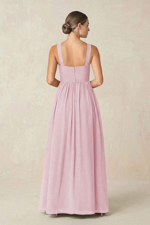Cross Halter Neck Chiffon A-Line Bridesmaid Dress With Slit in Candy Pink - KissProm BRIDESMAID DRESSES