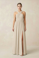 Cross Halter Neck Chiffon A-Line Bridesmaid Dress With Slit in Champagne - KissProm BRIDESMAID DRESSES