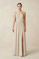 Cross Halter Neck Chiffon A-Line Bridesmaid Dress With Slit in Champagne - KissProm BRIDESMAID DRESSES