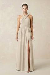 Cross Halter Neck Chiffon A-Line Bridesmaid Dress With Slit in Champagne - KissProm BRIDESMAID DRESSES