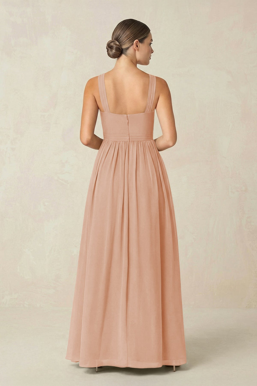 Cross Halter Neck Chiffon A-Line Bridesmaid Dress With Slit in Champagne Rose - KissProm BRIDESMAID DRESSES