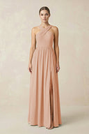 Cross Halter Neck Chiffon A-Line Bridesmaid Dress With Slit in Champagne Rose - KissProm BRIDESMAID DRESSES