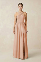 Cross Halter Neck Chiffon A-Line Bridesmaid Dress With Slit in Champagne Rose - KissProm BRIDESMAID DRESSES