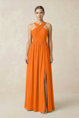 Cross Halter Neck Chiffon A-Line Bridesmaid Dress With Slit in Cinnamon - KissProm BRIDESMAID DRESSES