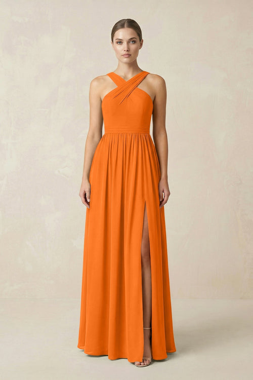 Cross Halter Neck Chiffon A-Line Bridesmaid Dress With Slit in Cinnamon - KissProm BRIDESMAID DRESSES