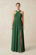 Cross Halter Neck Chiffon A-Line Bridesmaid Dress With Slit in Dark Green - KissProm BRIDESMAID DRESSES