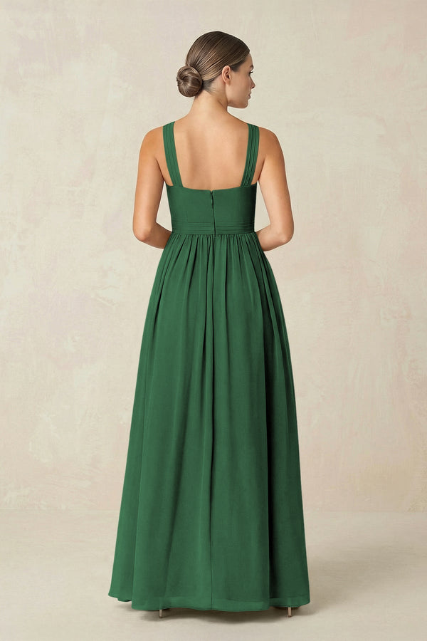 Cross Halter Neck Chiffon A-Line Bridesmaid Dress With Slit in Dark Green - KissProm BRIDESMAID DRESSES