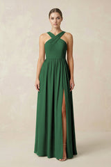 Cross Halter Neck Chiffon A-Line Bridesmaid Dress With Slit in Dark Green - KissProm BRIDESMAID DRESSES