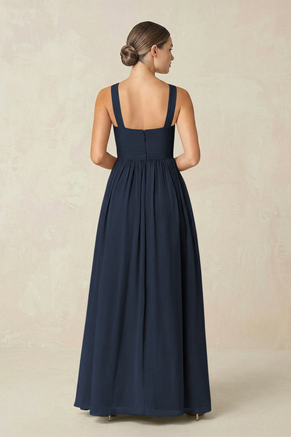 Cross Halter Neck Chiffon A-Line Bridesmaid Dress With Slit in Dark Navy - KissProm BRIDESMAID DRESSES