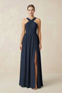 Cross Halter Neck Chiffon A-Line Bridesmaid Dress With Slit in Dark Navy - KissProm BRIDESMAID DRESSES
