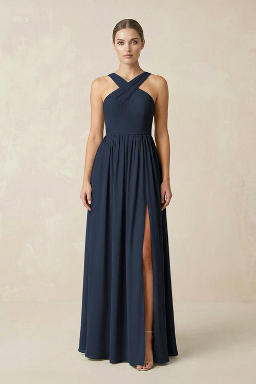 Cross Halter Neck Chiffon A-Line Bridesmaid Dress With Slit in Dark Navy - KissProm BRIDESMAID DRESSES