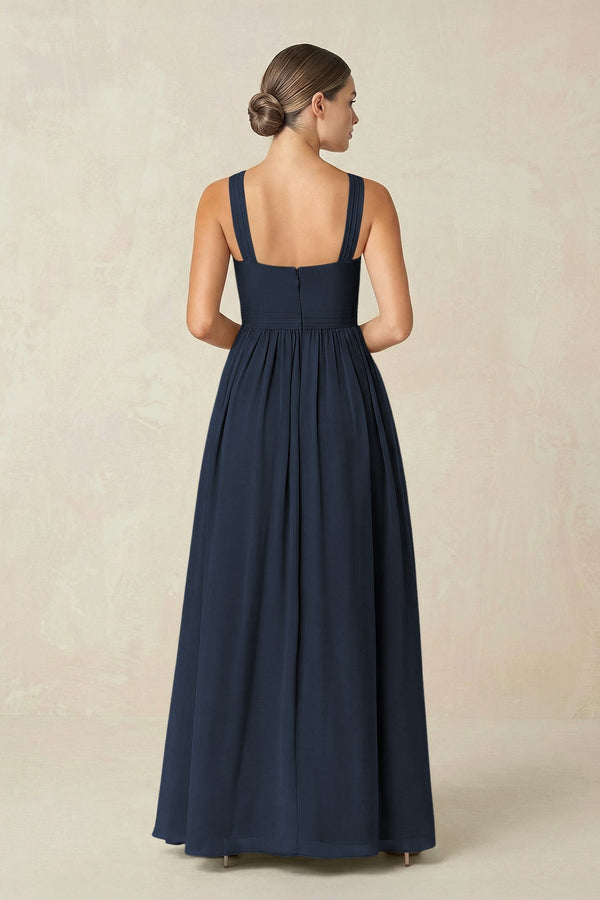 Cross Halter Neck Chiffon A-Line Bridesmaid Dress With Slit in Dark Navy - KissProm BRIDESMAID DRESSES