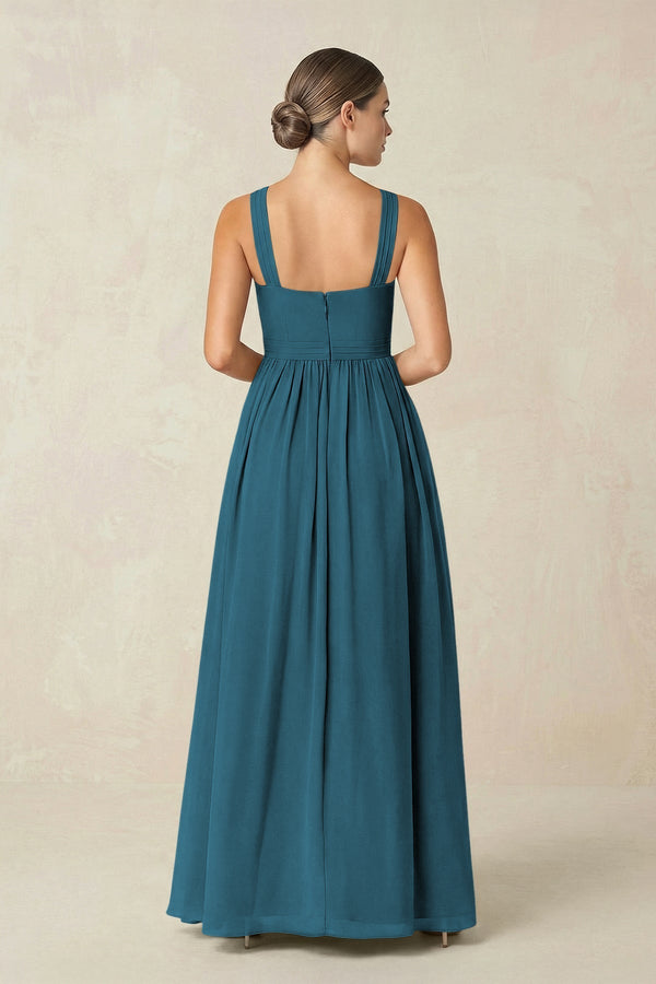 Cross Halter Neck Chiffon A-Line Bridesmaid Dress With Slit in Dark Teal - KissProm BRIDESMAID DRESSES