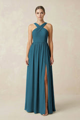 Cross Halter Neck Chiffon A-Line Bridesmaid Dress With Slit in Dark Teal - KissProm BRIDESMAID DRESSES