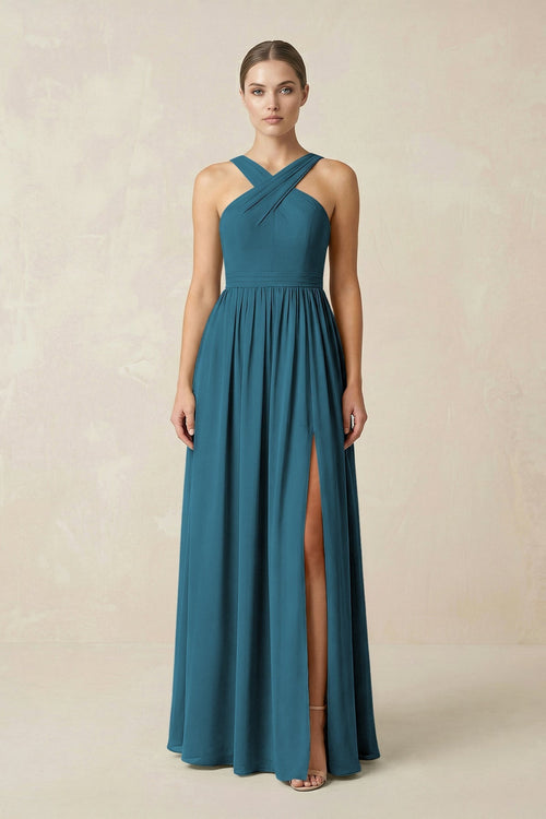Cross Halter Neck Chiffon A-Line Bridesmaid Dress With Slit in Dark Teal - KissProm BRIDESMAID DRESSES