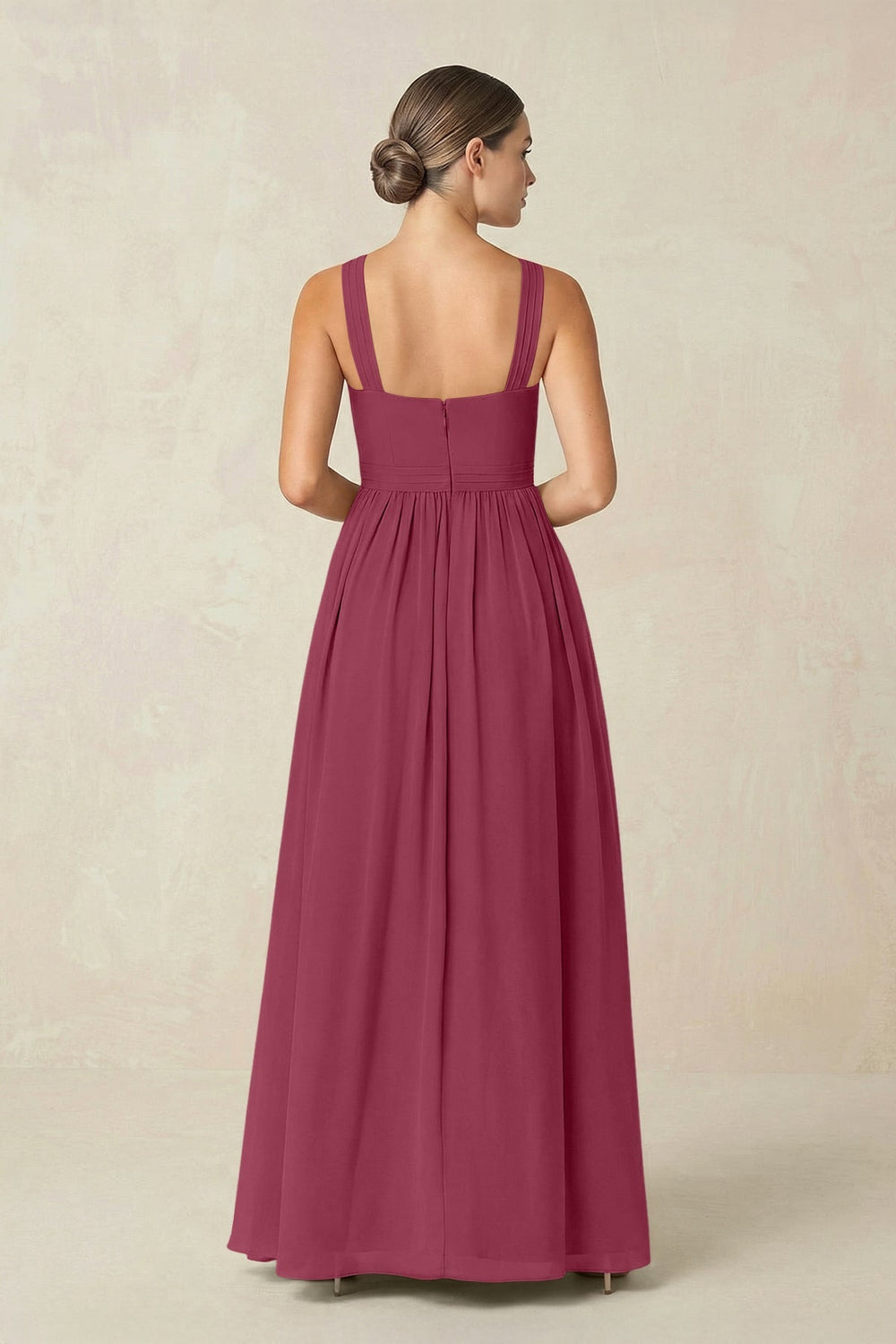 Cross Halter Neck Chiffon A-Line Bridesmaid Dress With Slit in Desert Rose - KissProm BRIDESMAID DRESSES