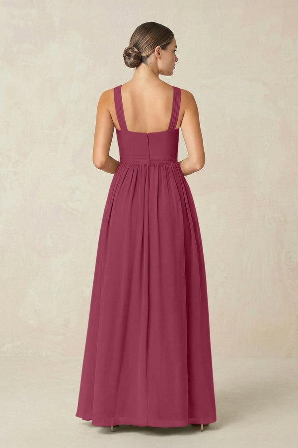 Cross Halter Neck Chiffon A-Line Bridesmaid Dress With Slit in Desert Rose - KissProm BRIDESMAID DRESSES