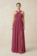 Cross Halter Neck Chiffon A-Line Bridesmaid Dress With Slit in Desert Rose - KissProm BRIDESMAID DRESSES