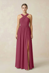 Cross Halter Neck Chiffon A-Line Bridesmaid Dress With Slit in Desert Rose - KissProm BRIDESMAID DRESSES