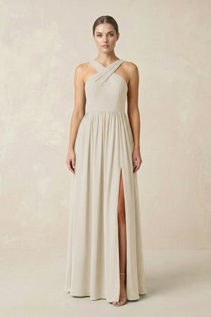 Cross Halter Neck Chiffon A-Line Bridesmaid Dress With Slit in Dove Gray - KissProm BRIDESMAID DRESSES