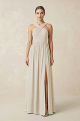Cross Halter Neck Chiffon A-Line Bridesmaid Dress With Slit in Dove Gray - KissProm BRIDESMAID DRESSES