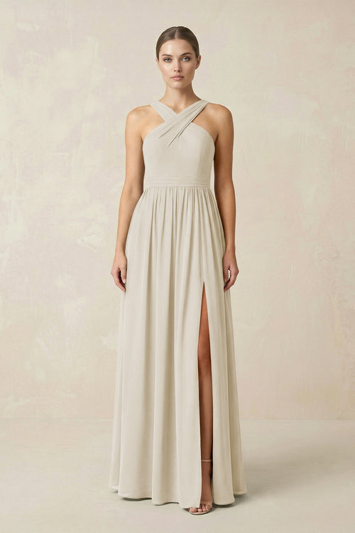 Cross Halter Neck Chiffon A-Line Bridesmaid Dress With Slit in Dove Gray - KissProm BRIDESMAID DRESSES
