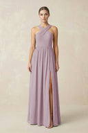 Cross Halter Neck Chiffon A-Line Bridesmaid Dress With Slit in Dusk - KissProm BRIDESMAID DRESSES