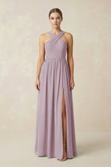 Cross Halter Neck Chiffon A-Line Bridesmaid Dress With Slit in Dusk - KissProm BRIDESMAID DRESSES