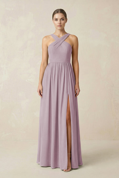 Cross Halter Neck Chiffon A-Line Bridesmaid Dress With Slit in Dusk - KissProm BRIDESMAID DRESSES