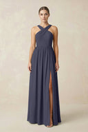 Cross Halter Neck Chiffon A-Line Bridesmaid Dress With Slit in Dusk Blue - KissProm BRIDESMAID DRESSES