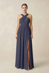 Cross Halter Neck Chiffon A-Line Bridesmaid Dress With Slit in Dusk Blue - KissProm BRIDESMAID DRESSES