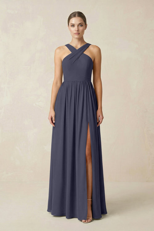 Cross Halter Neck Chiffon A-Line Bridesmaid Dress With Slit in Dusk Blue - KissProm BRIDESMAID DRESSES