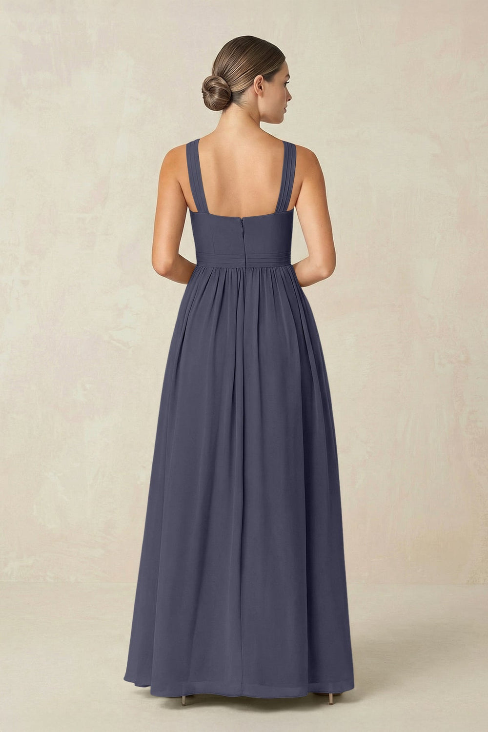 Cross Halter Neck Chiffon A-Line Bridesmaid Dress With Slit in Dusk Blue - KissProm BRIDESMAID DRESSES