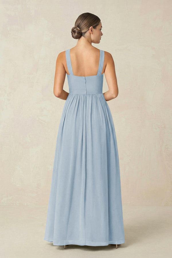 Cross Halter Neck Chiffon A-Line Bridesmaid Dress With Slit in Dusty Blue - KissProm BRIDESMAID DRESSES