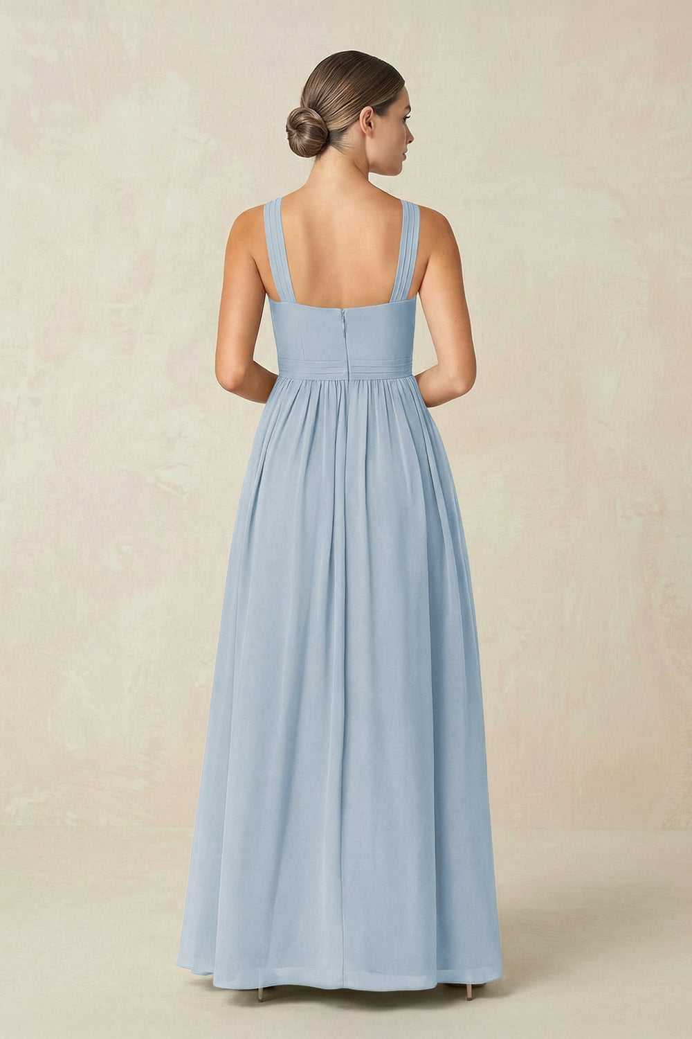 Cross Halter Neck Chiffon A-Line Bridesmaid Dress With Slit in Dusty Blue - KissProm BRIDESMAID DRESSES