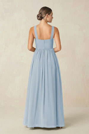 Cross Halter Neck Chiffon A-Line Bridesmaid Dress With Slit in Dusty Blue - KissProm BRIDESMAID DRESSES