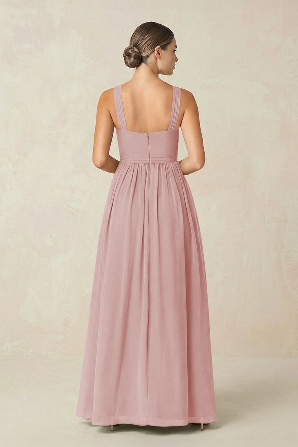 Cross Halter Neck Chiffon A-Line Bridesmaid Dress With Slit in Dusty Rose - KissProm BRIDESMAID DRESSES