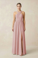 Cross Halter Neck Chiffon A-Line Bridesmaid Dress With Slit in Dusty Rose - KissProm BRIDESMAID DRESSES