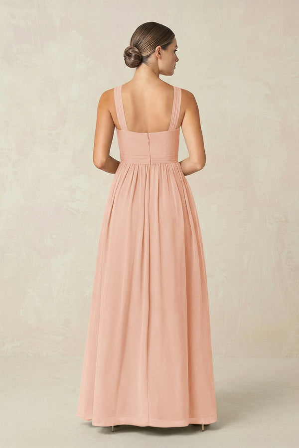 Cross Halter Neck Chiffon A-Line Bridesmaid Dress With Slit in English Rose - KissProm BRIDESMAID DRESSES