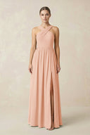 Cross Halter Neck Chiffon A-Line Bridesmaid Dress With Slit in English Rose - KissProm BRIDESMAID DRESSES