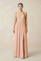 Cross Halter Neck Chiffon A-Line Bridesmaid Dress With Slit in English Rose - KissProm BRIDESMAID DRESSES